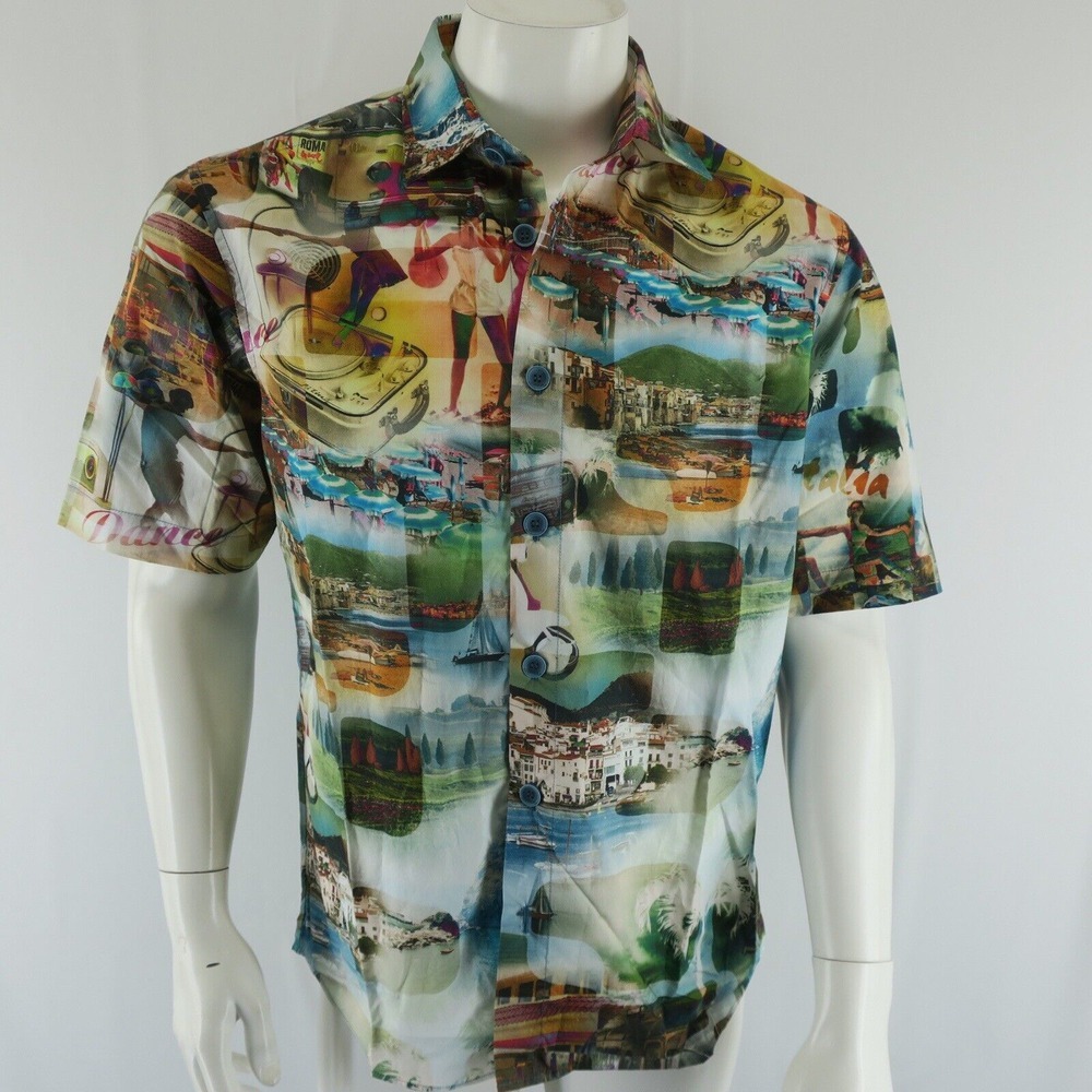 Signum Short Sleeve Button‎ Up Shirt Mens S 100% Cotton All Over Graphic